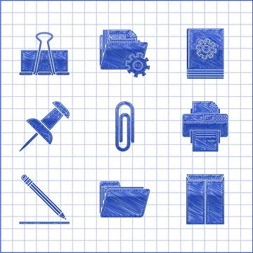 Set Paper clip, Document folder, Envelope, Printer, Pencil with eraser and line Stock Illustration