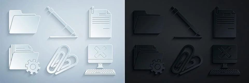 Set Paper clip, File document and paper, Folder settings with gears, Computer Illustrazione stock