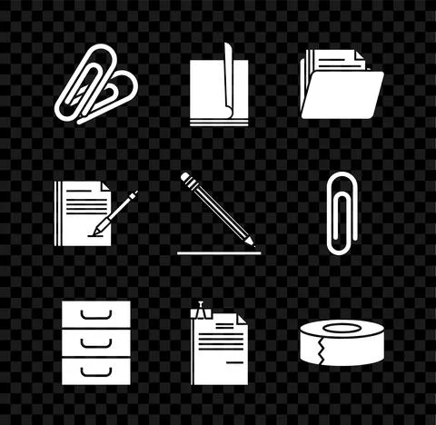 Set Paper clip, File document, Document folder, Drawer with documents, and Stock Illustration
