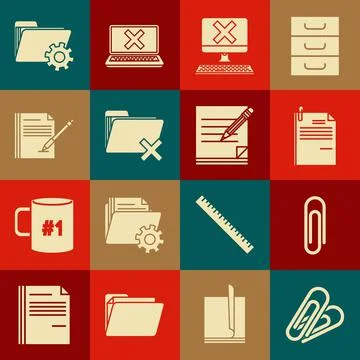 Set Paper clip, File document and paper, Computer with keyboard x mark, Delete 스톡 일러스트