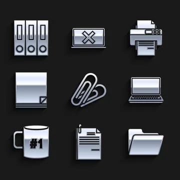 Set Paper clip, File document and paper, Document folder, Laptop, Coffee cu.. Stock Illustration