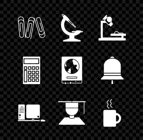 Set Paper clip, Microscope, Computer monitor with keyboard and mouse, Graduate イラスト素材