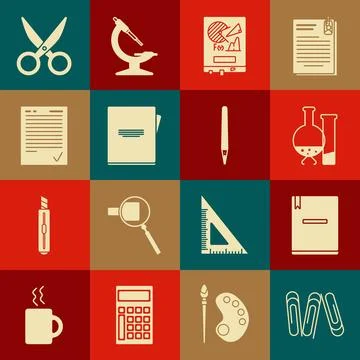 Set Paper clip, Notebook, Test tube and flask chemical laboratory test, Board Stock Illustration