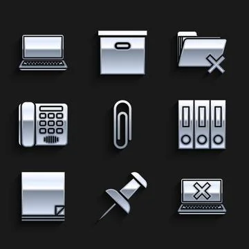 Set Paper clip, Push pin, Laptop and cross mark on screen, Office folders with イラスト素材