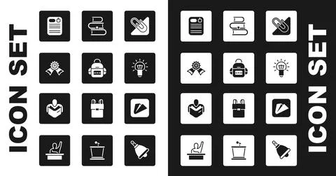 Set Paper clip, School backpack, Medal, Dossier folder, Light bulb, Book Ilustración de archivo