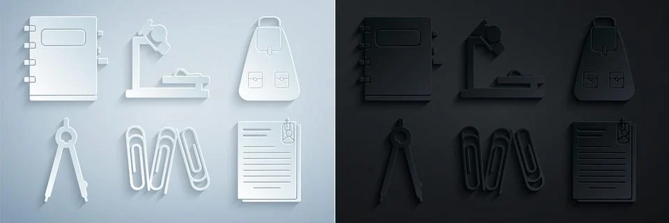 Set Paper clip School backpack Drawing compass File document and paper Micros 스톡 일러스트