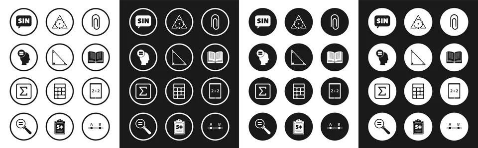 Set Paper clip, Triangle math, Calculation, Mathematics function sine, Open book Stock Illustration