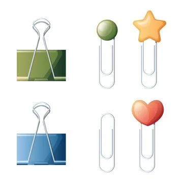 Set of paper clips and clips on a white background. Stationery, office tools. Stock Illustration