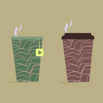 Set of paper cups with coffee and tea.Brown glass with coffee green Stock Illustration