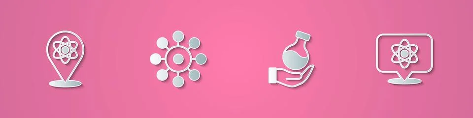 Set paper cut Atom, Virus, Test tube and  icon. Paper art style. Vector Illustrazione stock