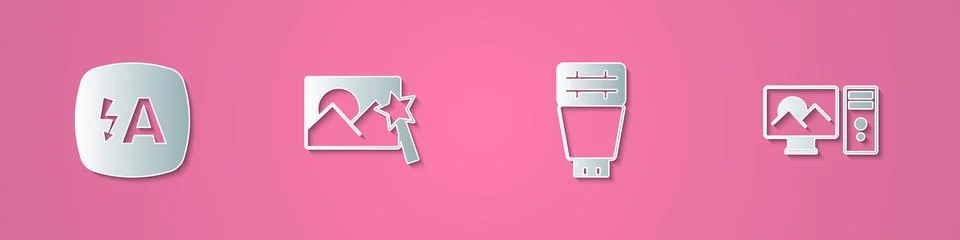 Set paper cut Auto flash, Photo retouching, camera and  icon. Paper art style 스톡 일러스트
