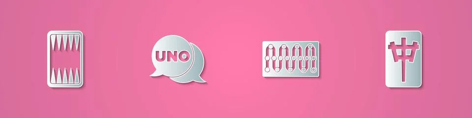 Set paper cut Backgammon board, Uno card game, Board and Mahjong pieces icon Stock Illustration