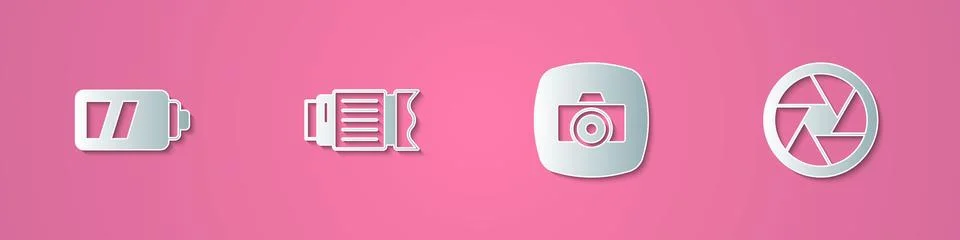 Set paper cut Battery for camera, Camera photo lens, Photo and shutter icon Stock Illustration