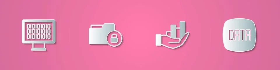 Set paper cut Binary code, Folder and lock, Pie chart infographic and Data Stock Illustration