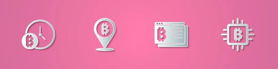 Set paper cut Bitcoin with clock, , browser and CPU mining farm icon. Paper art Illustrazione stock