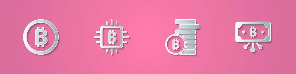 Set paper cut Bitcoin, CPU mining farm, and with circuit icon. Paper art style 스톡 일러스트
