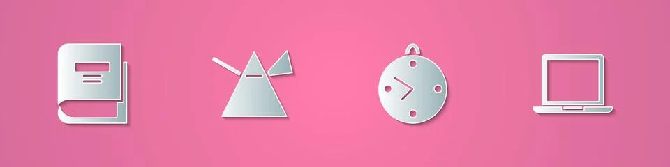 Set paper cut Book, Light rays in prism, Clock and Laptop icon. Paper art style Stockillustratie