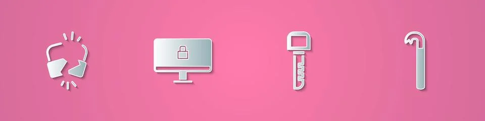 Set paper cut Broken or cracked lock, Lock on computer monitor, Key and Crowbar イラスト素材