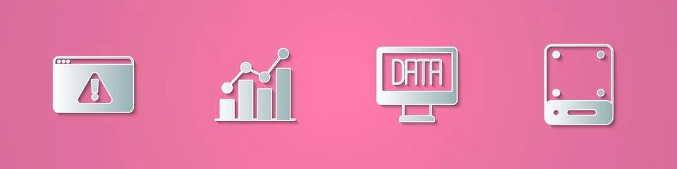 Set paper cut Browser with exclamation mark, Pie chart infographic, Data an.. Stock Illustration