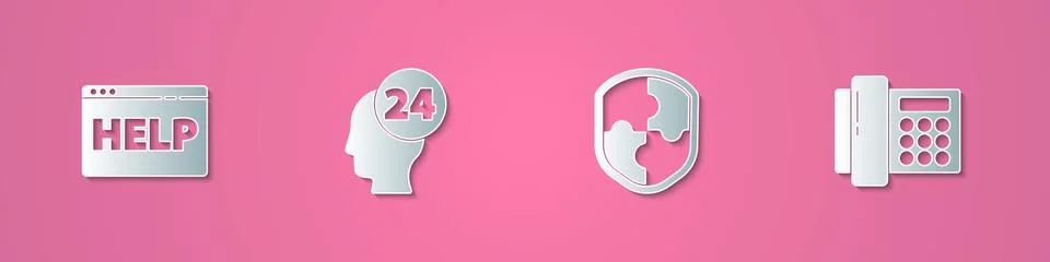 Set paper cut Browser help, Support operator in touch, Shield and Telephone icon Stock Illustration