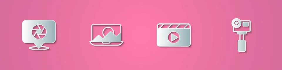 Set paper cut Camera shutter, Photo retouching, Movie clapper and Action extreme Illustrazione stock