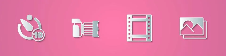 Set paper cut Camera timer, Photo camera, roll cartridge and frame icon. Paper Stockillustratie