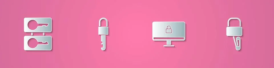 Set paper cut Casting keys, Locked, on computer monitor and picks for lock Stock Illustration