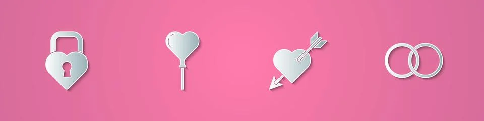 Set paper cut Castle in the shape of heart, Balloons form, Amour with and arrow Ilustração Stock
