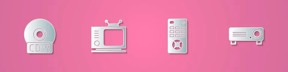 Set paper cut CD or DVD disk, Retro tv, Remote control and Movie, film, media Illustrazione stock