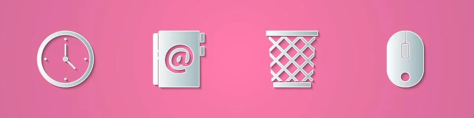 Set paper cut Clock, Address book, Trash can and Computer mouse icon. Paper art 스톡 일러스트