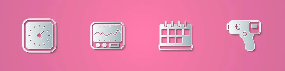 Set paper cut Clock, Measuring instrument, Calendar and Digital thermometer icon Illustrazione stock