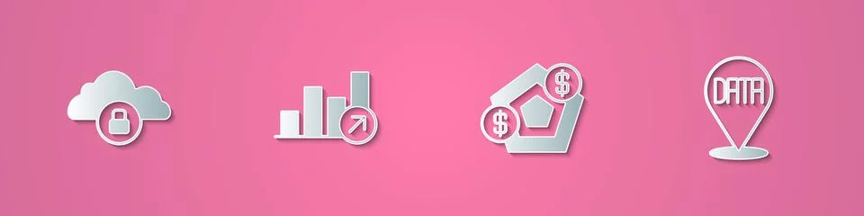 Set paper cut Cloud computing lock, Financial growth, and Data analysis icon Illustrazione stock
