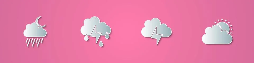 Set paper cut Cloud with rain and moon, lightning, Storm and Sun cloud weather Ilustração Stock