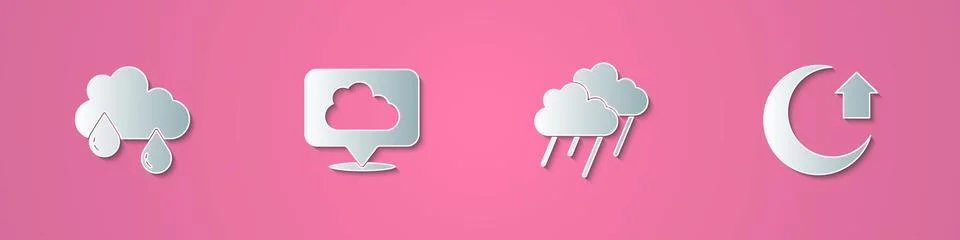 Set paper cut Cloud with rain, Location cloud, and Moon icon. Paper art style Stock Illustration