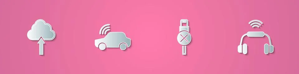 Set paper cut Cloud upload, Smart car system, No usb cable cord and headphones Stock Illustration