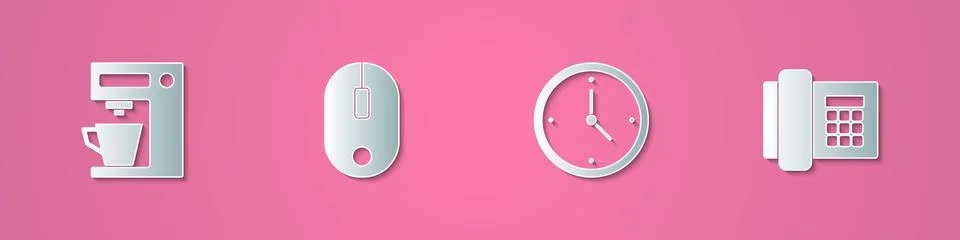 Set paper cut Coffee machine, Computer mouse, Clock and Telephone icon. Paper Stock Illustration