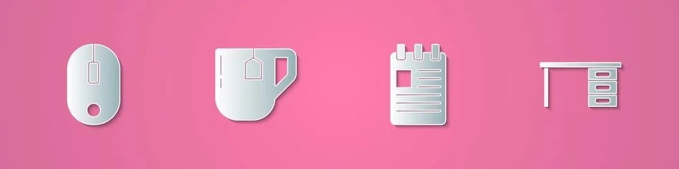 Set paper cut Computer mouse, Cup of tea with tea bag, Spiral notebook and Stock Illustration