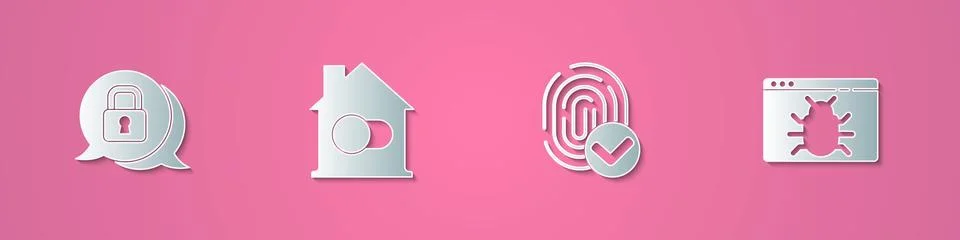 Set paper cut Cyber security, Smart home, Fingerprint and System bug icon. Paper Illustrazione stock
