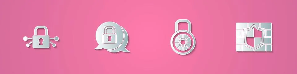 Set paper cut Cyber security, , Safe combination lock and Shield with brick wall Stock Illustration
