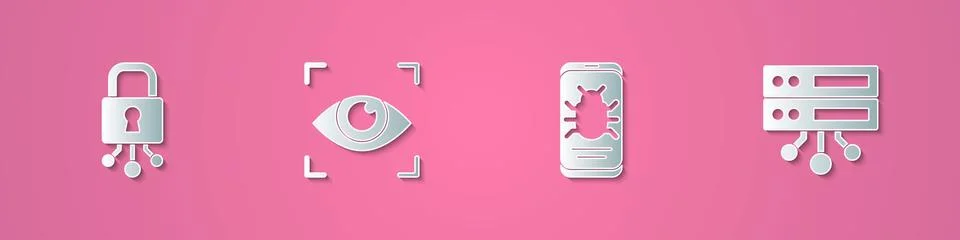 Set paper cut Cyber security, Eye scan, System bug on mobile and Server, Data Illustrazione stock