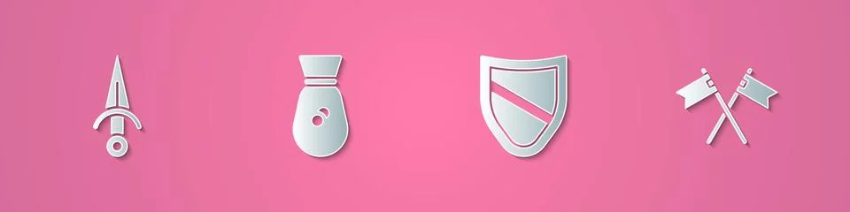 Set paper cut Dagger, Old money bag, Shield and Crossed medieval flag icon Illustrazione stock