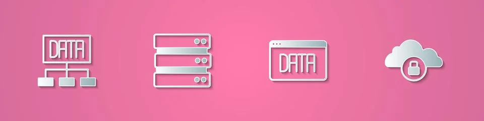 Set paper cut Data analysis, Server, and Cloud computing lock icon. Paper a.. Stock Illustration