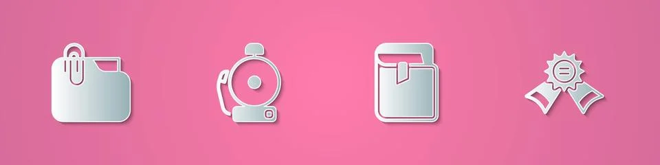 Set paper cut Document folder with clip, Ringing alarm bell, Book and Medal icon Stock Illustration