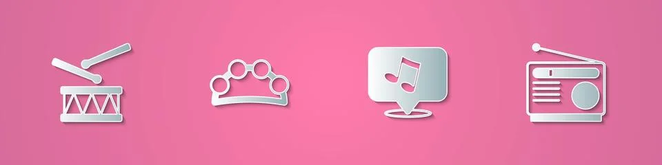 Set paper cut Drum with drum sticks, Tambourine, Music note, tone and Radio.. Stock Illustration