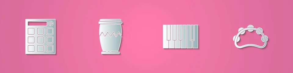 Set paper cut Drum machine, , Grand piano and Tambourine icon. Paper art style Illustrazione stock