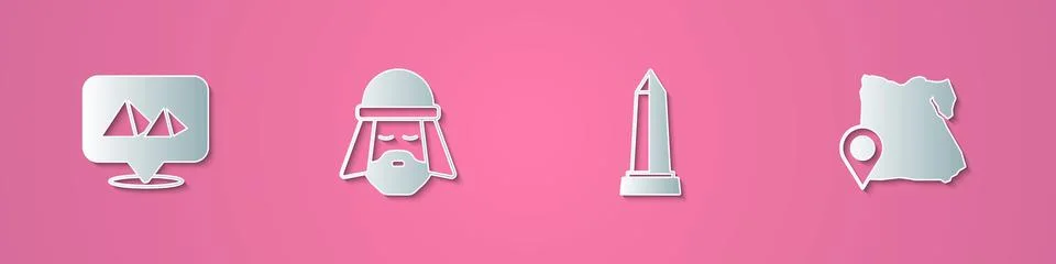 Set paper cut Egypt pyramids, Egyptian man, Obelisk of Alexandria and Map icon Ilustración de archivo