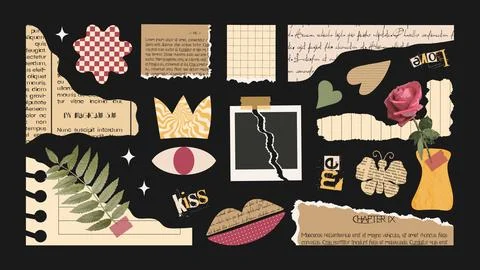 Set of paper cut elements, torn newspaper, collage plants, scrap notebook she Stockillustratie