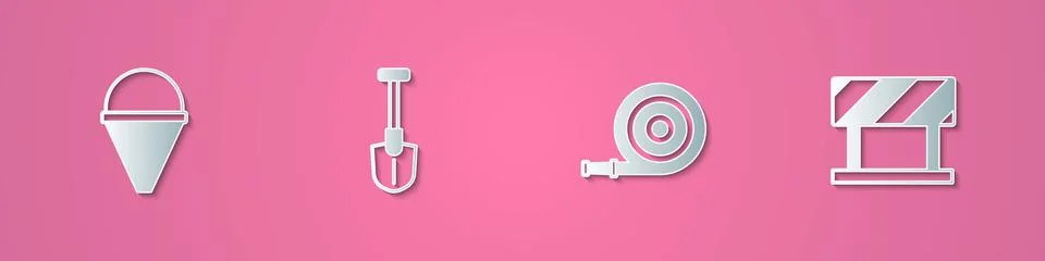 Set paper cut Fire cone bucket, shovel, hose reel and Road barrier icon. Paper Illustration