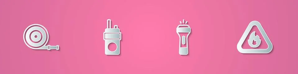 Set paper cut Fire hose reel, Walkie talkie, Flashlight and flame in triang.. Stock Illustration