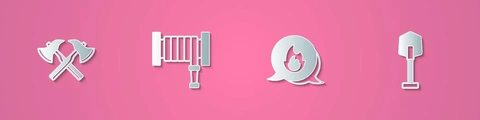 Set paper cut Firefighter axe, hose reel, Emergency call and shovel icon. P.. Illustration